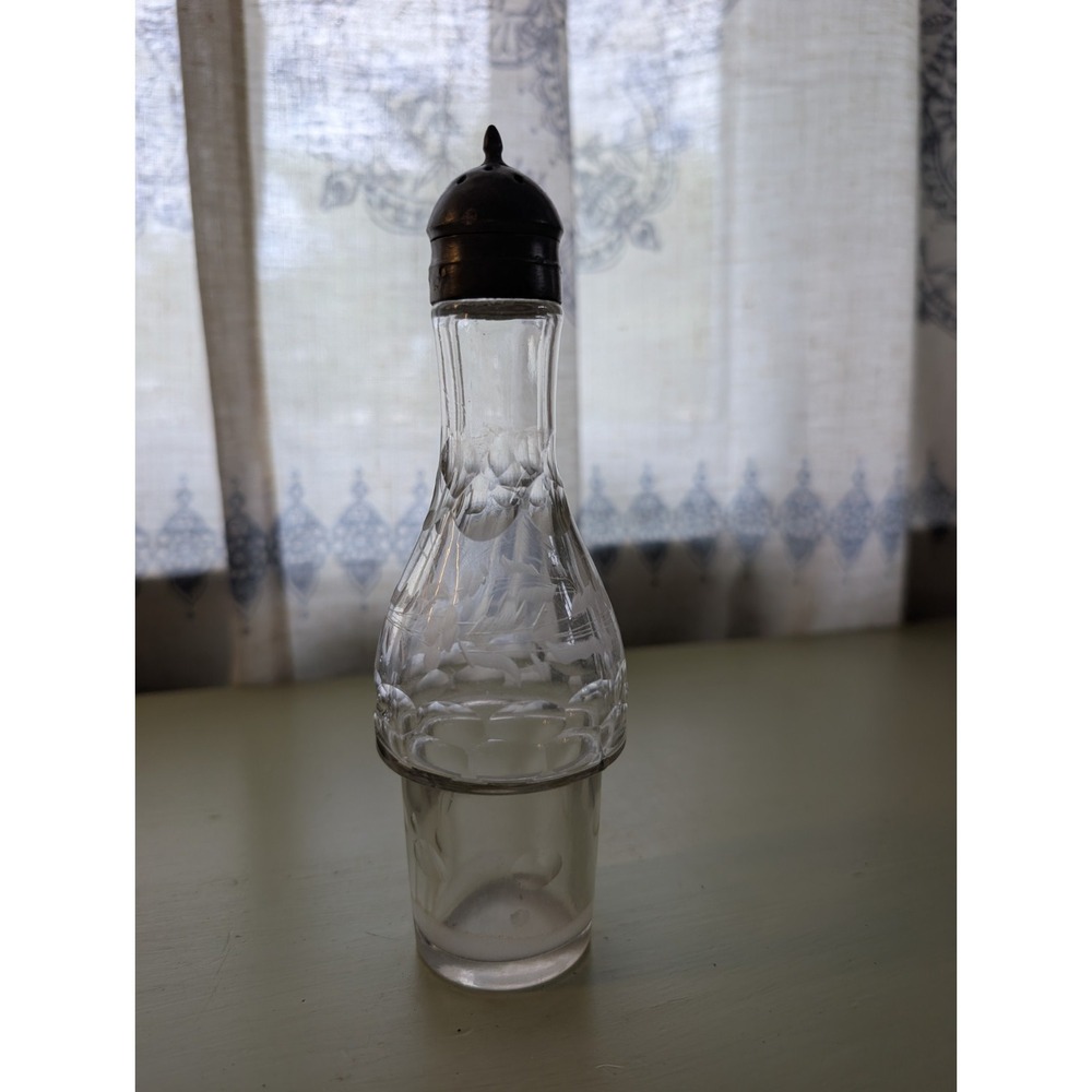 Vintage Etched Glass Shaker Caster Floral Acid Etched Metal Lid 6.75"